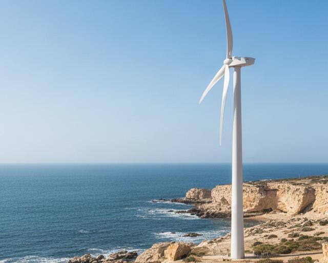 Aerogenerador blanco instalado junto a la costa de Conil de la Frontera bajo un cielo despejado