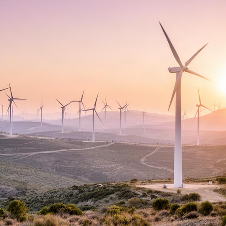 Aerogeneradores blancos alineados en un parque eólico de Andalucía al amanecer
