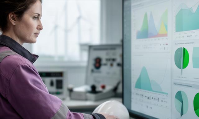 Técnica revisando una pantalla de monitorización de una turbina eólica