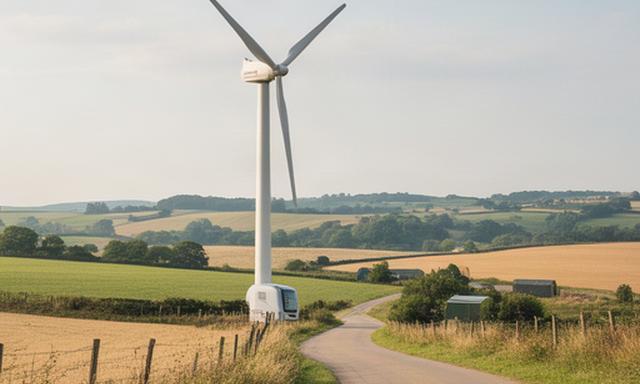 Turbina eólica AE-500 junto a una carretera rural en un emplazamiento con altura limitada
