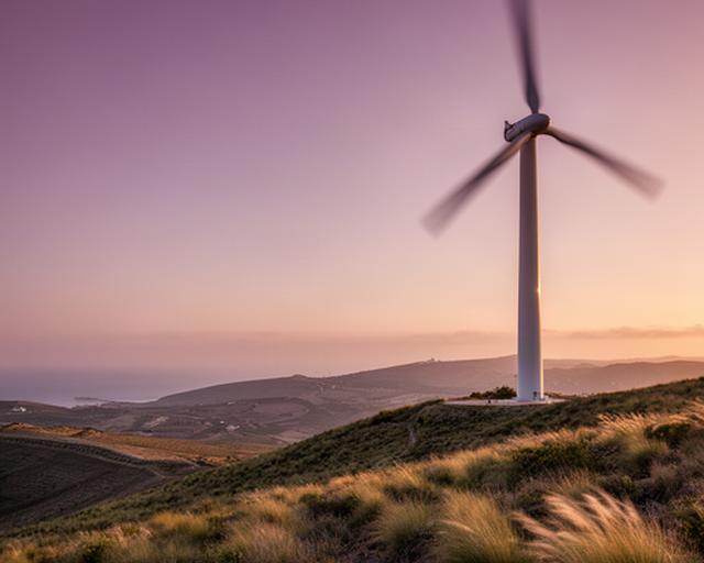 Aerogenerador de gran tamaño sobre una loma ventosa de Andalucía al atardecer