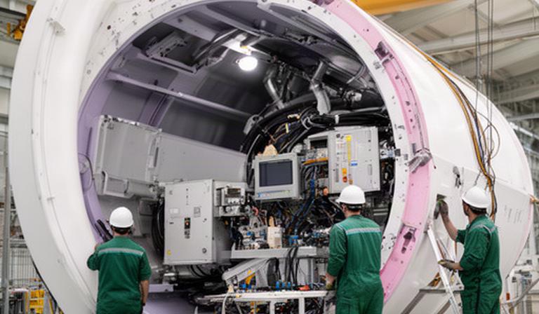 Góndola de aerogenerador en una línea de montaje con técnicos realizando pruebas de conexión