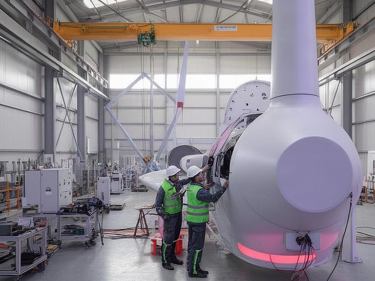 Técnicos revisando una góndola de aerogenerador en la planta de fabricación de Conil de la Frontera