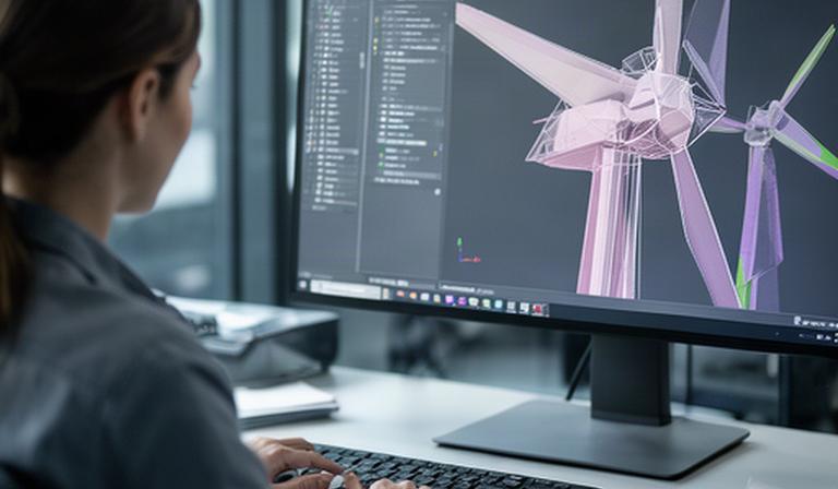 Ingeniera trabajando con un modelo CAD tridimensional de una turbina eólica en un monitor