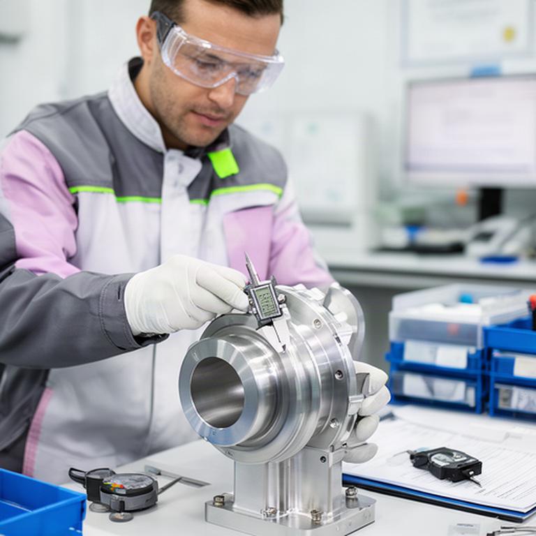 Inspectora comprobando una pieza de aerogenerador con instrumentos de medición en el área de calidad
