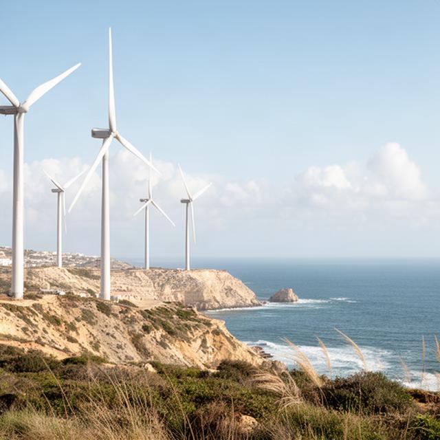 Aerogeneradores instalados junto a la costa de Conil de la Frontera durante una jornada luminosa