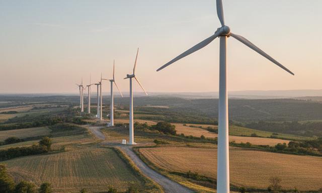 Aerogenerador AE-2000 de dos megavatios alineado con otras máquinas en un parque eólico terrestre