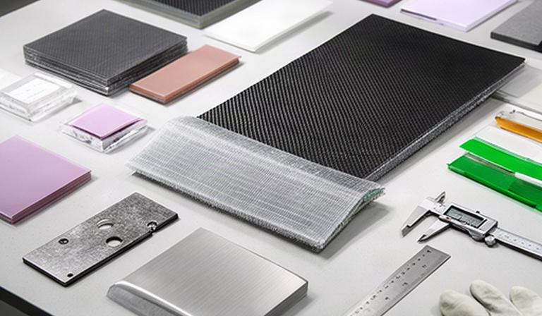 Muestras de materiales compuestos y acero de alta resistencia colocadas sobre una mesa técnica